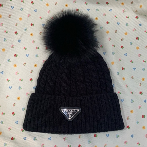 Prada Linea Rossa Accessories - Prada Black Women’s Pom-Pom Beanie